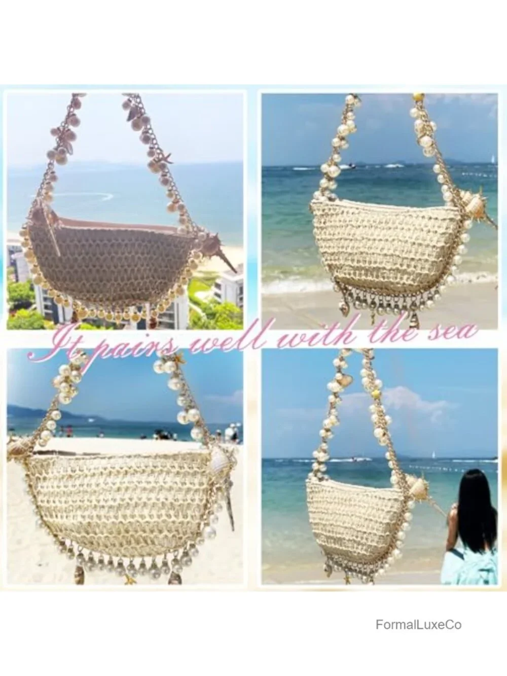 Woven Straw Shoulder Bag with Pearl Handle Beach Vacation Purse